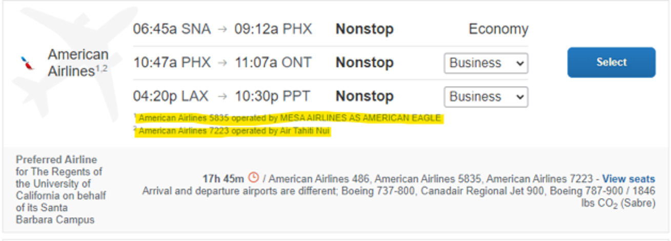 image showing sample of flights with codesharing